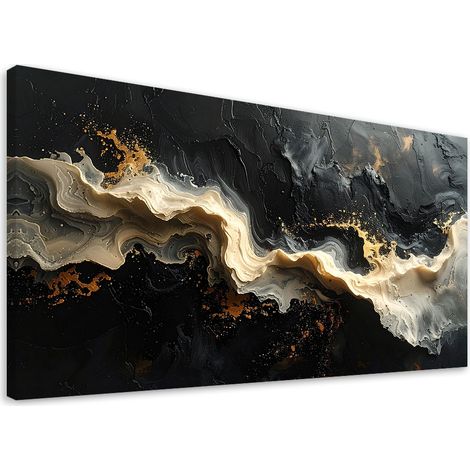 Tableau Moderne, Abstraction vagues lignes noir beige,120x60 (1/4)