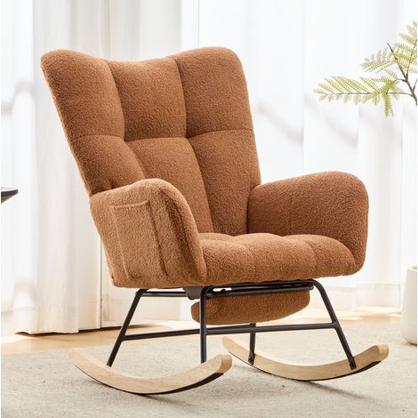 Sillón balancín Teddy marrón con bolsillo y otomán, base de madera, OKWISH (1/5)