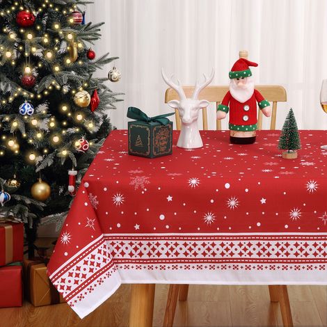 Nappe de Noël imperméable & essuyable motif flocons de neige et étoiles, protection anti-taches, lavable, pour table cuisine/salle à manger – Rectangulaire 137 x 200 cm – Teinte rouille clair cerise b