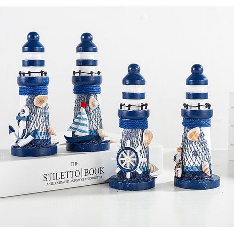 Decorazione faro, 4 fari in miniatura in legno a tema nautico, ornamenti faro in legno realizzati a mano, altezza 13,5 cm, f (1/5)