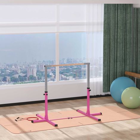 Barre de Gymnastique Artistique Enfant dès 3 Ans, Hauteur Réglable 92-150 cm, Acier et Hêtre Massif, Barre Horizontale Danse, Équipement Fitness Antidérapant, Rose (1/5)