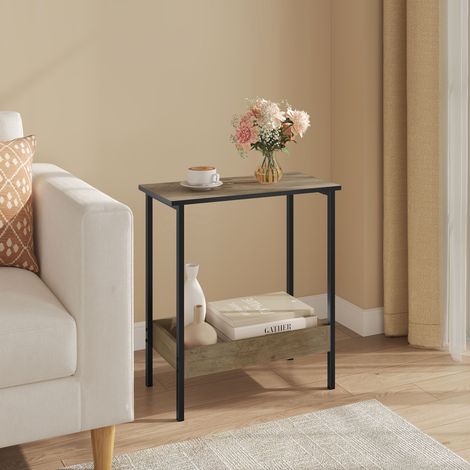 WOLTU Beistelltisch mit 2 Ablagen, Couchtisch Sofatisch mit Stauraum für Wohnzimmer Schlafzimmer, aus Metall Holzwerkstoff, 50x55x25 cm, Graue Holzoptik + Schwarz