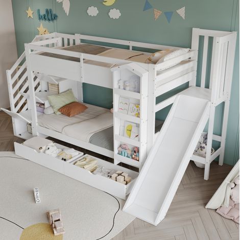 REDOM - Lit superposé enfant 90x200 avec toboggan escalier de rangement, bois MDF et contreplaqué blanc (Sans matelas) (1/5)