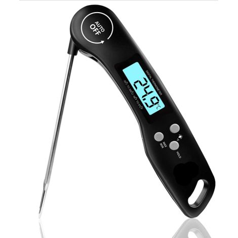 Thermomètre de cuisson à lecture instantanée avec écran LCD rétroéclairé, sonde longue pliable et fonction marche/arrêt automatique.