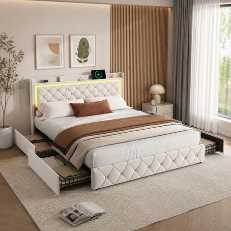 Lit capitonné 140×190cm,lit coffre,lumière LED et port USB,lit double avec 4 tiroirs,grande capacité,tête de lit à boutons,style moderne,sommier à lattes,lit adulte,lit ados,Velours,Beige (1/5)