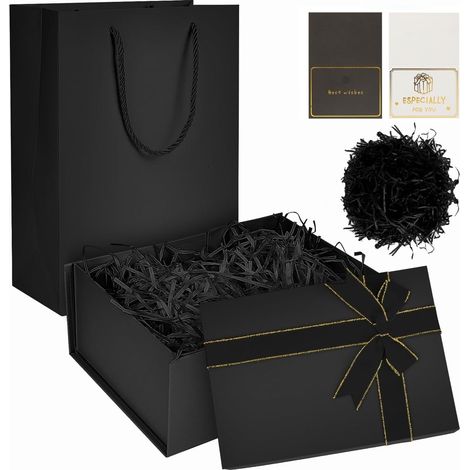 Boîte Cadeau avec Couvercle 22,5×16×8,5 cm – Boîte Cadeau Noire Pliable avec Ruban et Sac – Boîtes Cadeaus Luxe avec Carte et Papier de Remplissage pour Anniversaire, Mariage, Noël, Fête (1/5)