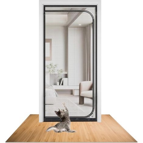 Filet pour chat balcon avec fermeture éclair empêcher les chats de courir Anti moustiques écran porte en maille 90x190cm Noir (1/5)