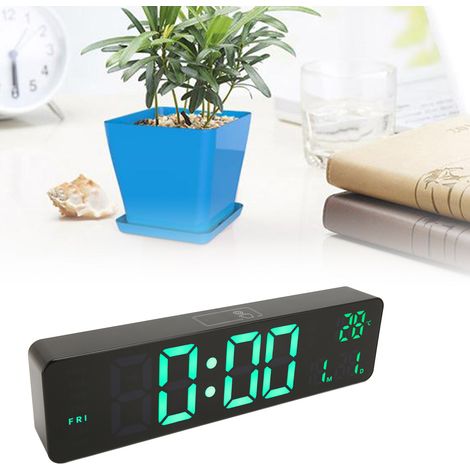 Horloge murale multifonctionnelle minimaliste de 10 pouces avec LED, affichage silencieux de l'heure, alarmes multiples, 6625D, boîtier noir, lumière verte. (1/5)