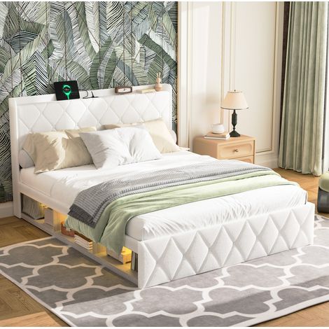 Letto imbottito moderno 140x200 cm bianco in tessuto Teddy, testiera trapuntata con ali, USB e LED, con ripiano