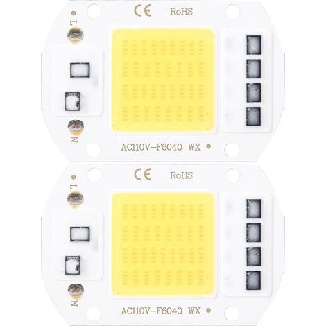 Lot de 2 chips LED COB 110V 50W haute luminosité, source lumineuse intégrée 6x4cm, blanc chaud (1/5)