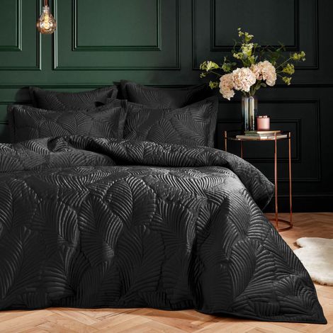 Parure de Couette en Velours Matelassé Palmeria - Noir - Double (1/4)