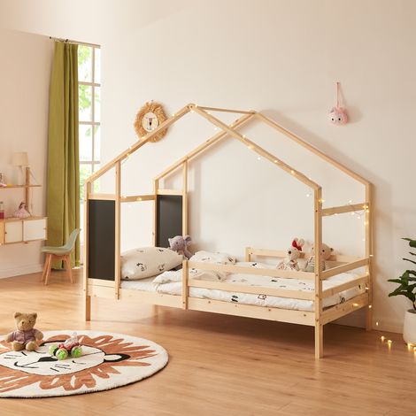 Letto a Casetta Lorenskog per Cameretta 90 x 200 cm in Legno di Pino con Barriera Anticaduta - Naturale [en.casa]