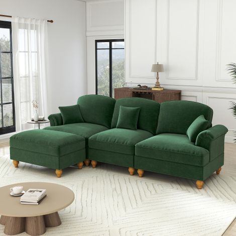 Modulares Mid-Century L-förmiges 3-Sitzer Sofa aus Chenille mit Trichter-Armlehnen, abnehmbarer Rüschenschürze, spindelförmigen Beinen & beweglichem Hocker – Tiefer Sitzkomfort fürs Wohnzimmer,Grün 
W