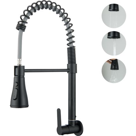 Robinet Mural Eau Froide pour Cuisine, Noir Mat Anti-empreinte, Robinetterie Pivotant à 360° en Acier Inoxydable, Deux Modes de Vidange d'eau (1/5)