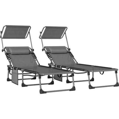 Lot de 2 chaises longues pliantes inclinables avec parasol et poche latérale (1/5)