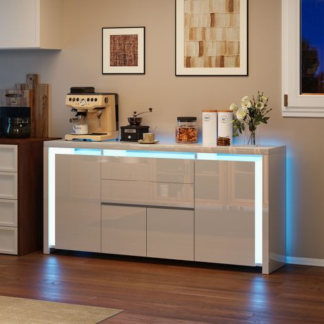 Buffet de rangement 160 x 35 x 75 cm, Meuble tv à 4 portes et 3 tirtors, Console TV avec Réglable LED, Armoire bas tv, Table Télé, Blanc, pour Salon, Chambre