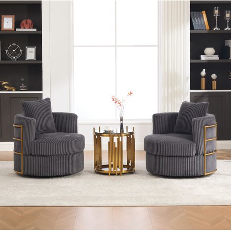 Fauteuil pivotant 76x79x78 cm en tissu cord gris, avec rangement, pour salon moderne FloraGrace (1/5)