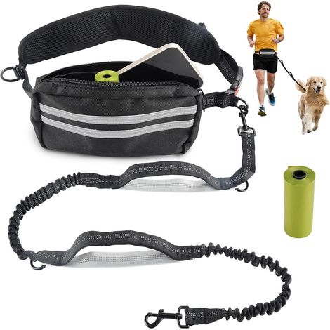 Laisse Main Libre Chien, Laisse pour Chien Course avec Ceinture Taille, Double Poignée, Sac Déjections, Laisses Amortissante pour Petits Moyens Chiens, Idéale pour Course Randonnée Promenade Dressage (1/5)