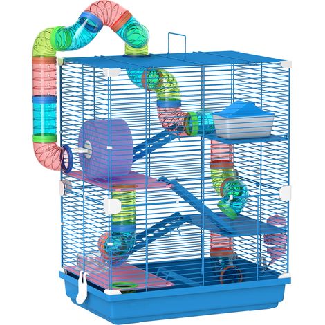Cage rongeur 4 niveaux avec tunnels, gamelle, roue, abri et échelles – Habitat hamster 46x30x58 cm bleu (1/5)