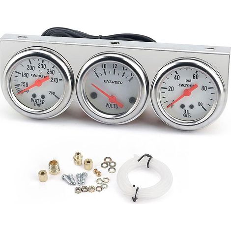 Universelles 3-Instrumenten-Set fürs Auto: Spannungsanzeige, Wassertemperaturanzeige (52 mm, Chrom), Öldruckanzeige