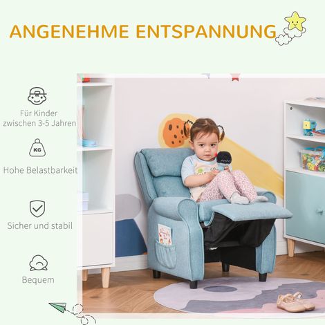 Canapé enfant bleu avec repose-pieds, accoudoirs, dossier ajustable inclinable, chaise convertible en lit pour garçons et filles 3-5 ans (1/4)