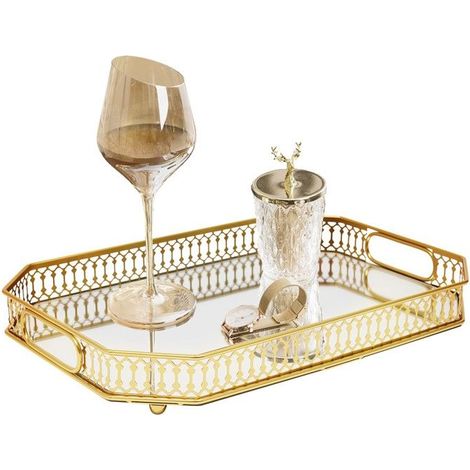 1 plateau décoratif miroir doré, organisateur maquillage bijoux, plateau servante élégant pour petit-déjeuner et salon (1/5)
