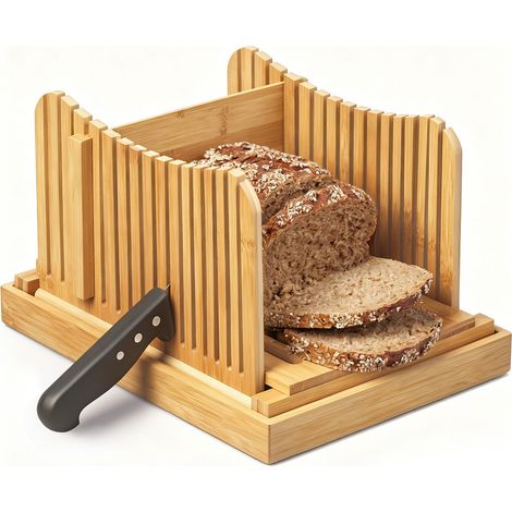 Faltbarer Bambus Brotschneider, Bambus Holz Faltbarer Brotschneider, Brotschneidehilfe, mit Kruemel Auffangschale (1/5)