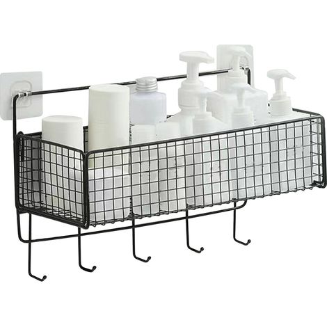Panier mural en fer suspendu multi-usages avec crochet, pour cuisine et salle de bains, noir avec accents décoratifs pour la maison (1/5)