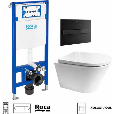 Pack WC Bastidor empotrado ROCA Duplo cisterna y pulsador PL7 dual negro con inodoro suspendido Tornado Orion tapa envolvente blanco Koller Pool (1/5)