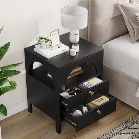 Mesita de noche moderna de MDF negro con 2 cajones y 1 hueco abierto, 45 x 40 x 58 cm