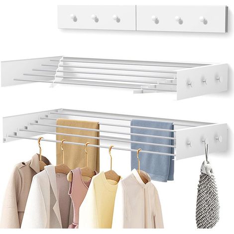 Sinbinta – Étendoir à linge mural pliable 80 cm – 6 crochets à boutons – Acier inoxydable – Pour intérieur et extérieur – Installation facile (1/5)