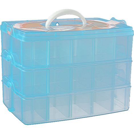 Boîte de rangement transparente bleue à 3 niveaux avec séparateurs, boîte à couture et boîte à bijoux (1/5)