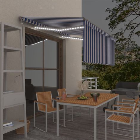 Auvent, Marquise auvent de porte, Abri banne entrée protection automatique store LED capteur de vent 3x2,5 m Bleu/blanc LKOWF92020 (1/5)