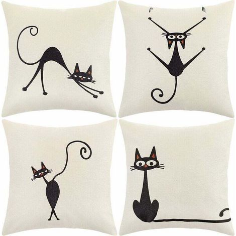 Housse de coussin 45x45 cm, lot de 4 housses de coussin décoratives à motifs floraux, marins et végétaux tropicaux pour canapé et fauteuil de salon (chat, coton et lin) (1/5)