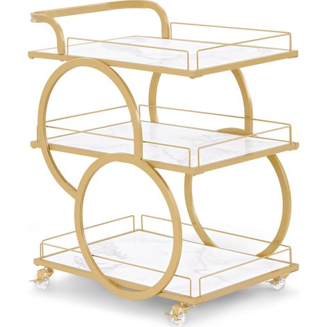 BarberPub Servierwagen mit Rollen, Küchenwagen Barwagen Metallgestell Weiß-Gold, Modern Rollwagen Mehrzweckwagen mit 3 Ebenen, für Küche, Bad, Wohnzimmer, Nagelstudio, 65x43x70, 0074