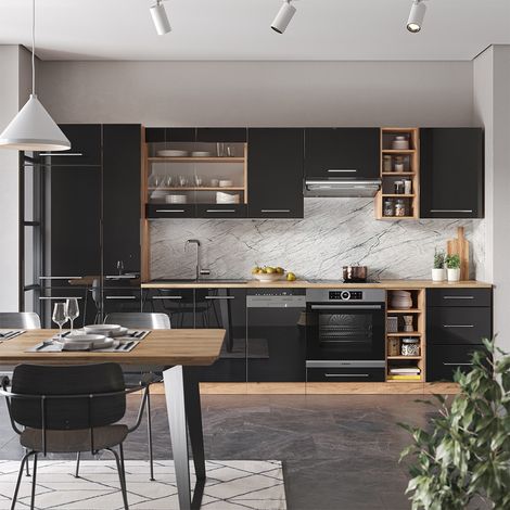 Cuisine Fame-Line, Anthracite brillant/Chêne doré, 355 cm , PT Marbre, Vicco