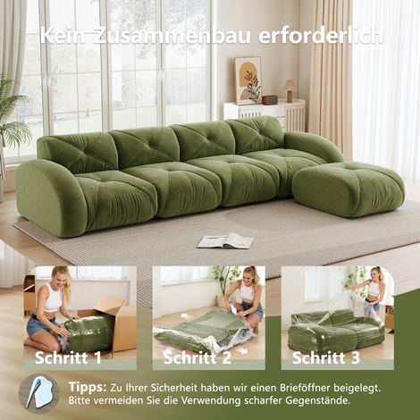 Canapé d'angle modulaire 4 places, fauteuil en forme de L pour salon, base antidérapante, repose-pieds inclus, sans montage, vert. (1/5)