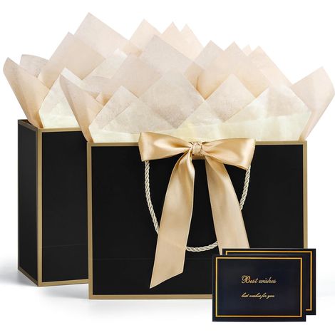 Sacchetti regalo in carta - 2 pezzi di sacchetti regalo grandi con manici, confezione regalo di lusso 28x20x10 cm con fiocco + 2 biglietti + 4 fazzoletti per feste di compleanno, matrimoni (nero-oro) (1/5)