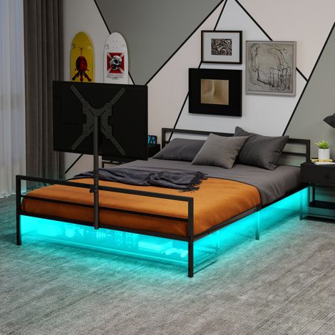 Cama individual 90x200 cm de metal negro, cama alta gaming FloraGrace sin colchón (1/5)
