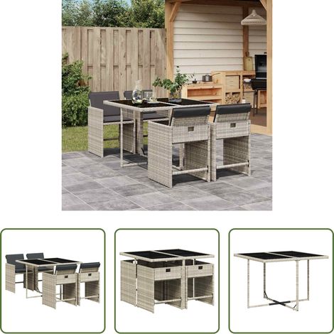 Chaises de jardin - Ensemble à manger de jardin et coussins 5 pcs gris clair rotin (1/5)