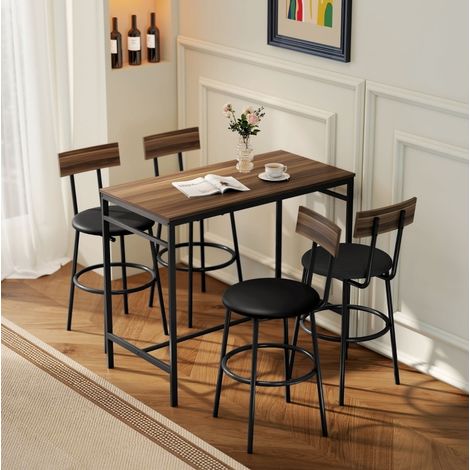 Conjunto de mesa alta de bar 5 piezas con 4 taburetes, estilo industrial, madera y acero OKMYHOME (1/5)