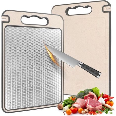 Tabla de cortar de acero inoxidable de doble cara, robusta y resistente a los arañazos, ideal para verduras y carne, higiénica y duradera. (1/5)