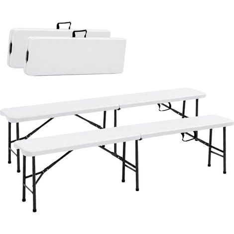 Lot de 2 Bancs de Jardin Pliables Blancs 180 x 28 x 43.5H cm Banc Exterieur Interieur Camping Réception KZ GARDEN (1/5)