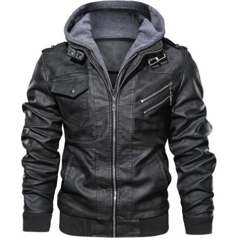 Blouson homme en similicuir, blouson de moto, imperméable et coupe-vent, en PU, style pilote rétro avec capuche amovible, noir.