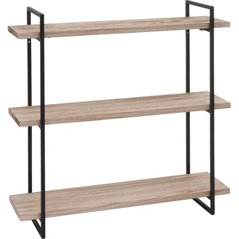 Wandregal HHG-631, Hängeregal Schweberegal, 3 Regalböden Massiv-Holz Industrial 60x60x18cm natur, Metall schwarz