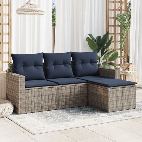 4-tlg. Garten-Sofagarnitur mit Kissen Grau Poly Rattan - Gartensofas - Outdoor Möbel - Lounge Set - Gartenlounge - Rattan Sofa - Home & Living (1/3)