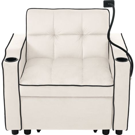 Sofá cama individual extensible 3 en 1 beige con portavasos y soporte para móvil HOMVRA (1/5)