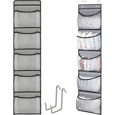 BelleRise - Organisateur suspendu gris à accrocher à une porte, 5 grands compartiments, 2 crochets, rangement jouets (1/5)