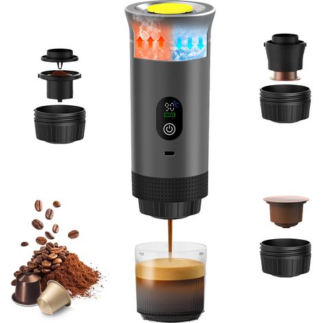 Machine à café portable avec affichage numérique de la température, 3 en 1, machine à café expresso électrique portable pour camping, voyage, compatible avec petites et grandes capsules et café (1/5)