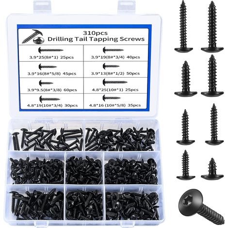 Set de 310 Vis Autoforeuses Torx, Vis Tôle avec Rondelle, Assortiment de Vis à Tête Plate pour Carrosserie, Vis à Bois, Ensemble de Vis Torx pour Meubles et Cloisons Sèches (Noir) (1/5)